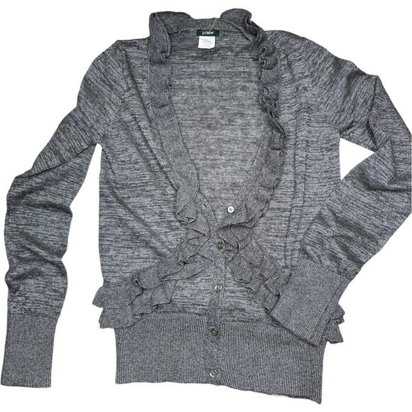 J.Crew gray ruffle deep V-neck cardigan Alpaca merino wool XS nwot - Picture 1 of 4